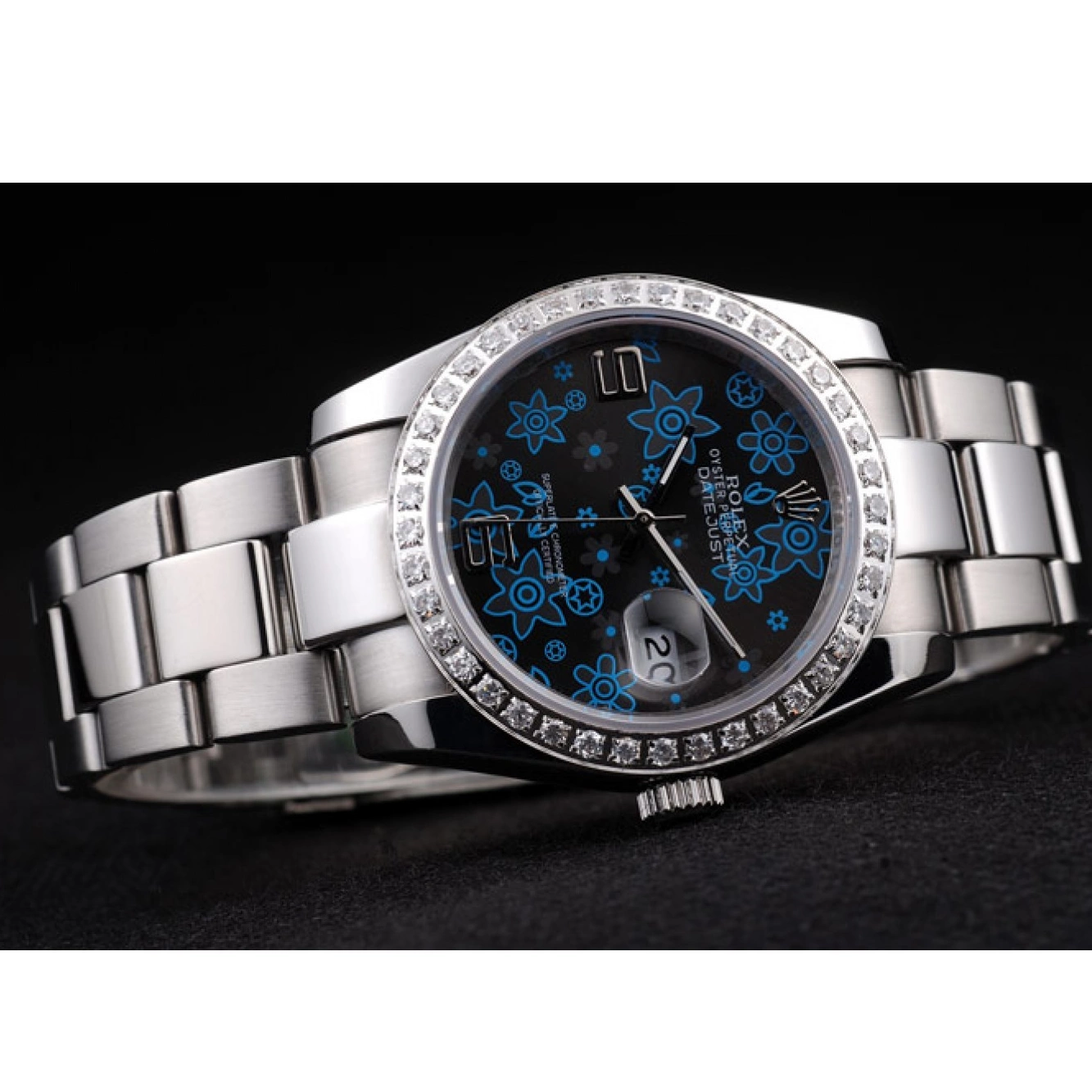 Rolex copies cheap Diamond Rolex Datejust Stainless Steel Plated Flowers Polished Dial Blue Dark 0528